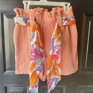 Coral High-Waisted Shorts with Colorful Scarf Belt (removeable)